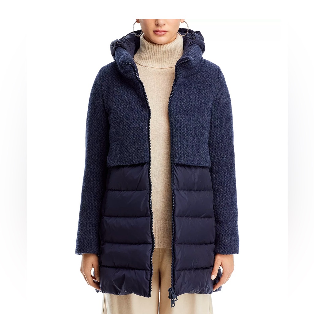 Herno Funnel Neck Wool Knit Overlay Down Puffer Coat/Jacket, Navy, 38eu, 2us — image 4 of 8